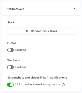 The notifications settings menu of the feedback widget
