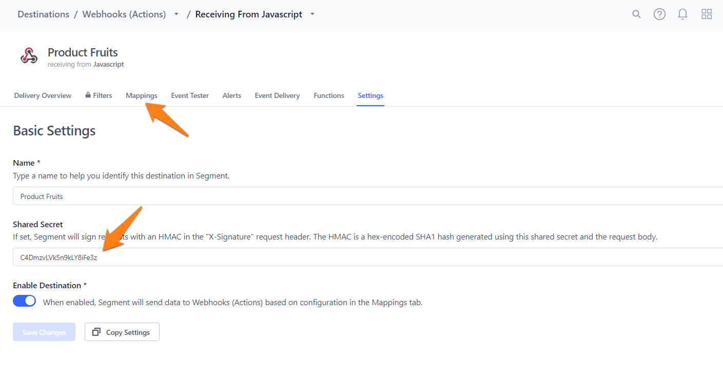 the webhooks actions screen of the segment io platform highlighting mappings and the shared secret field