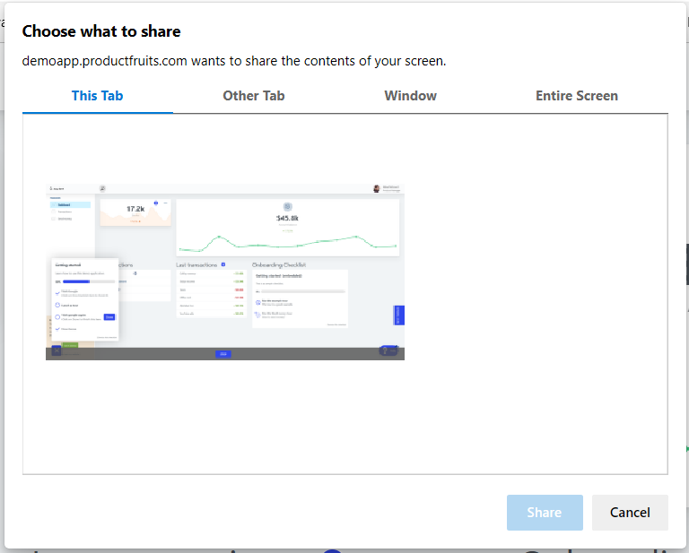 The choose what to share screen of a feedback widget with the native screen recording setting