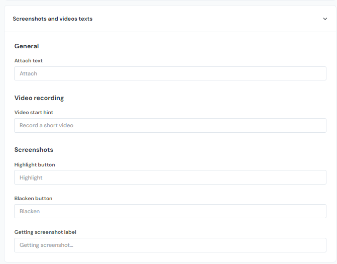 The screenshots and videos texts customization screen of the feedback widget