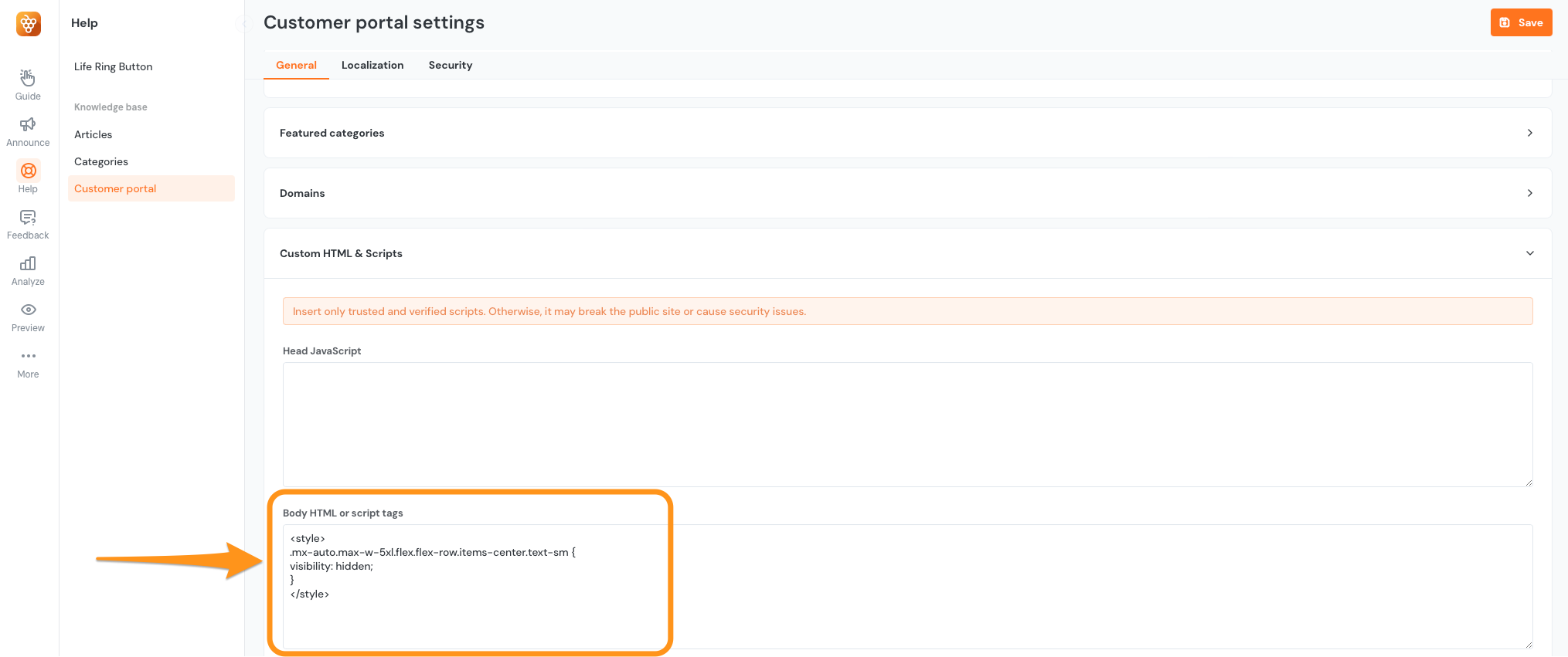 image showing adding a script to the Body HTML or script tags section of the workspace to hide 'powered by Product Fruits' from the bottom of your knowledge base