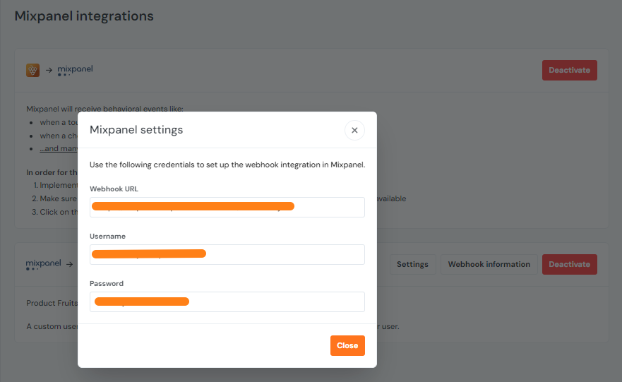 An example of a Webhook URL Username and Password for setting up the Mixpanel integration in the Product Fruits administration