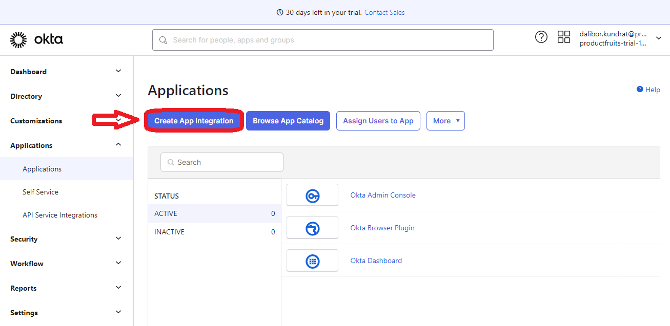 The OKTA platform highlighting Create App Integration