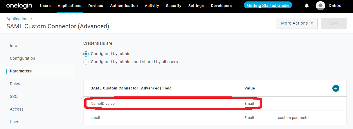 The One Login SAML Custom Connector Advanced page with SAML Custom Connecter NameID value highlighted