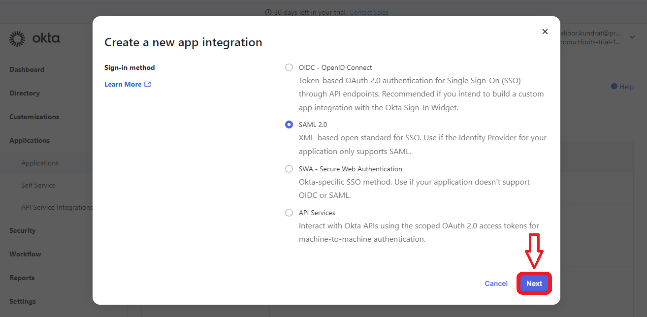 The OKTA platform Create a new App Integration screen