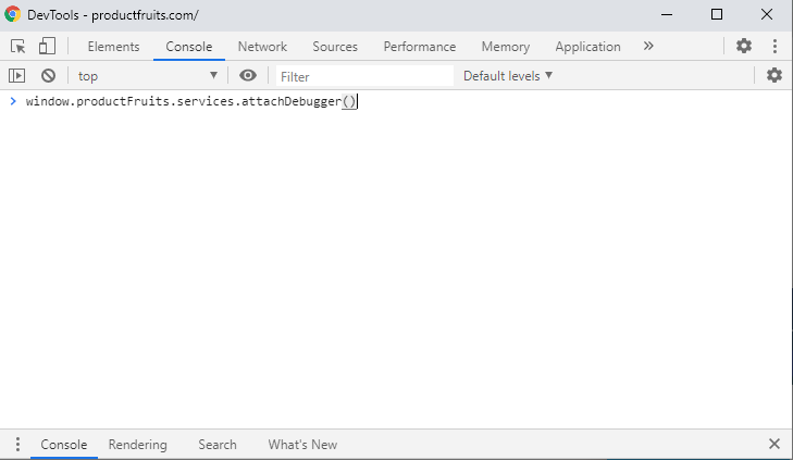 The DevTools menu with the window productFruits services attachwindow command entered