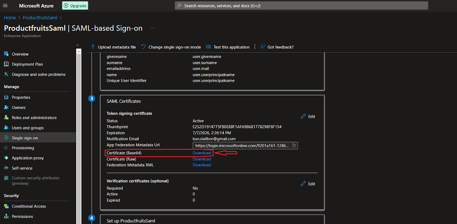 The Azure platform highlighting the Certificate Base64 