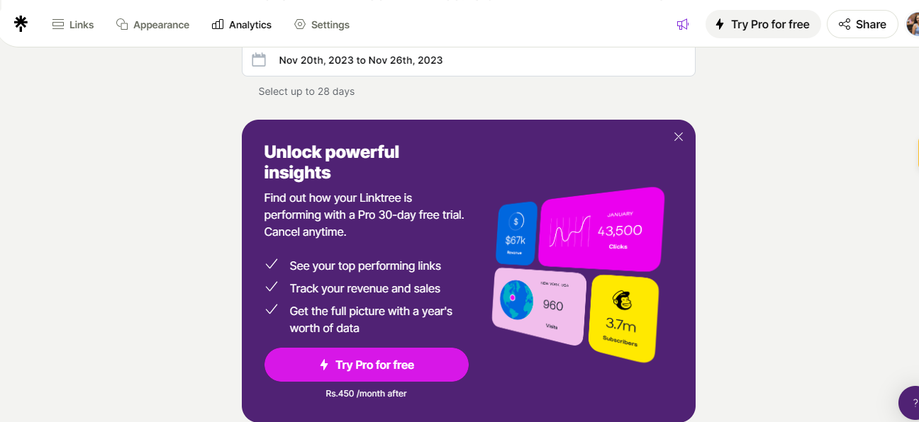 Linktree's complimentary trial upgrade box.