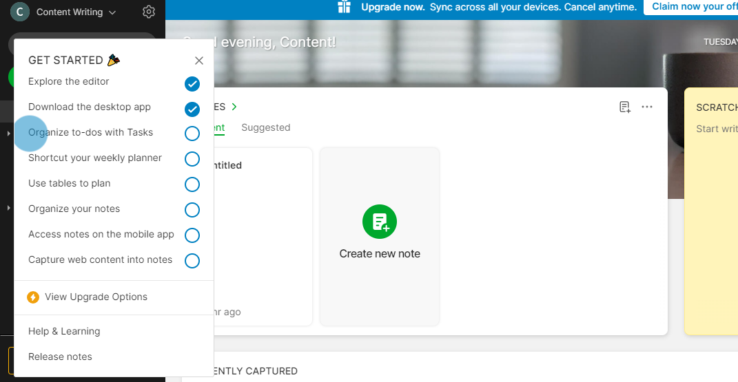 Evernote's dashboard showing activation points with checklists.