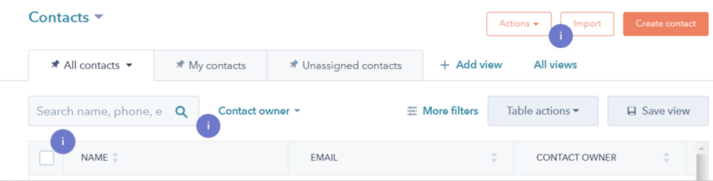 Screenshot of HubSpot showing tooltips feature icons