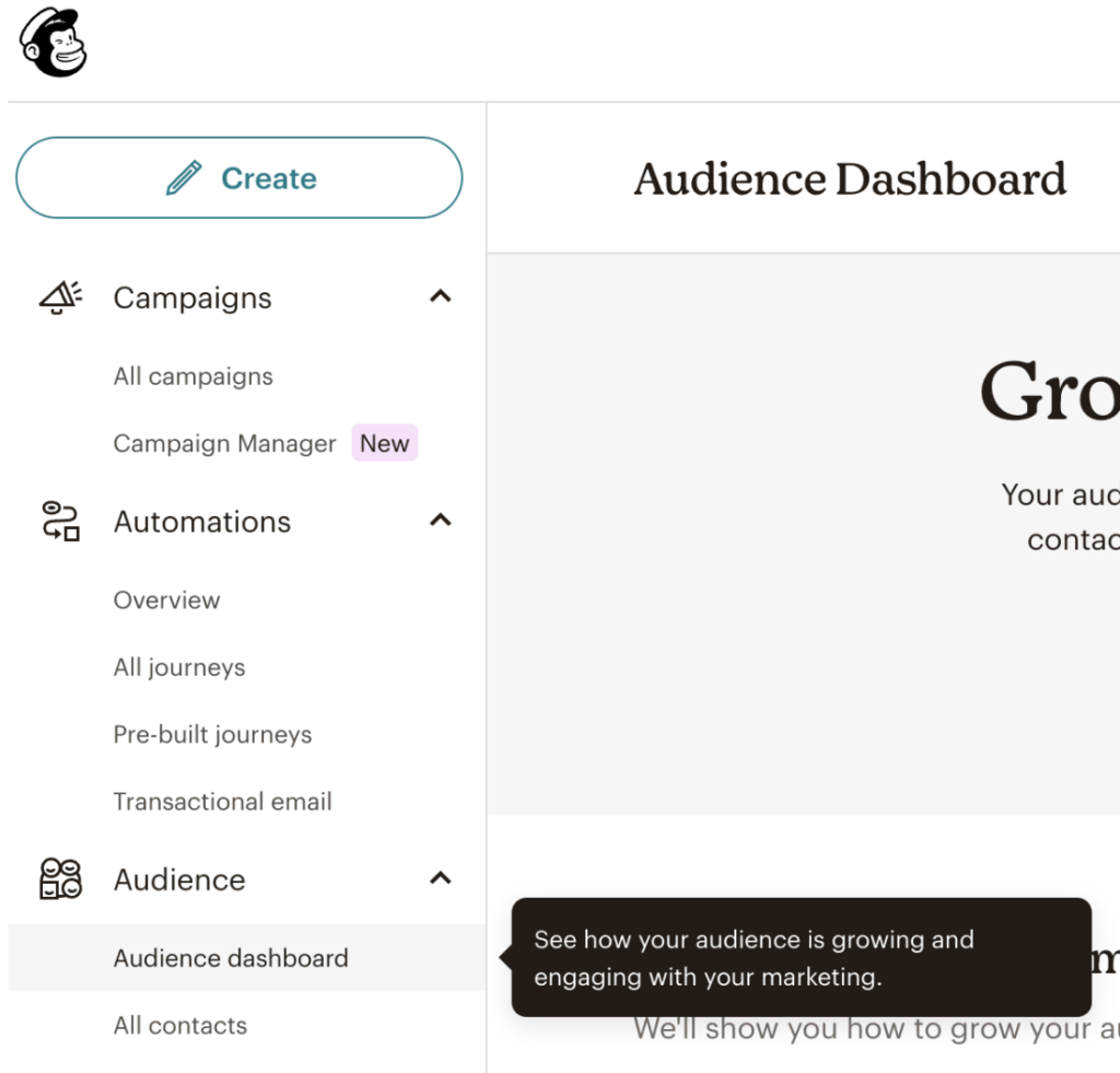 Screenshot of Mailchimp platform to show what tool tips looklike