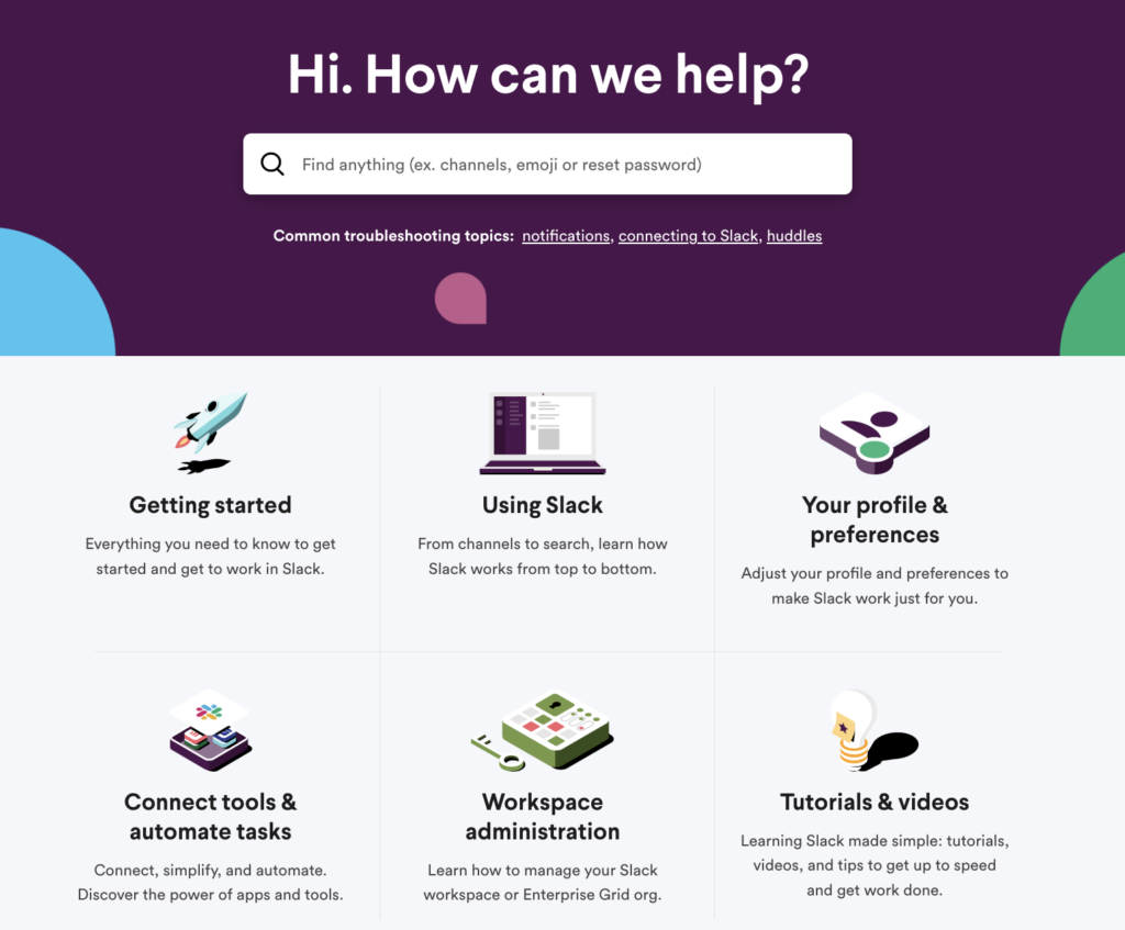 Slack helo center and organization