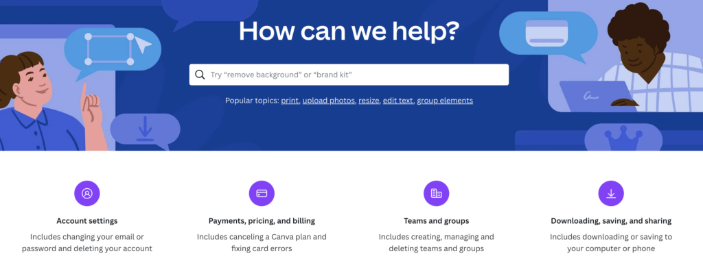 screenshot of Canva helop center