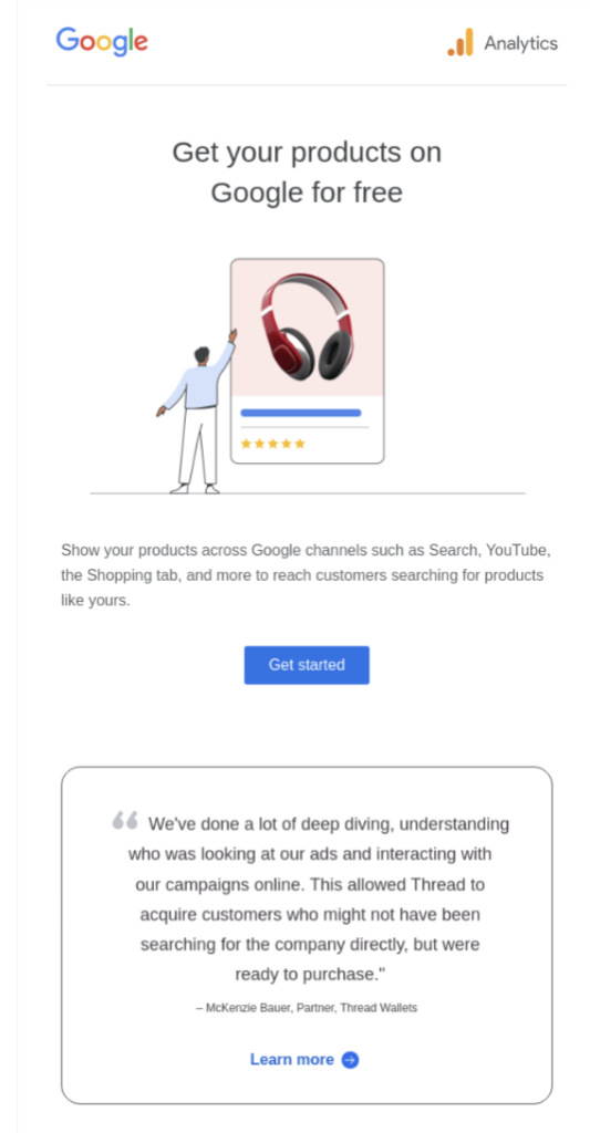 Google Analytics onboarding email screenshot for example