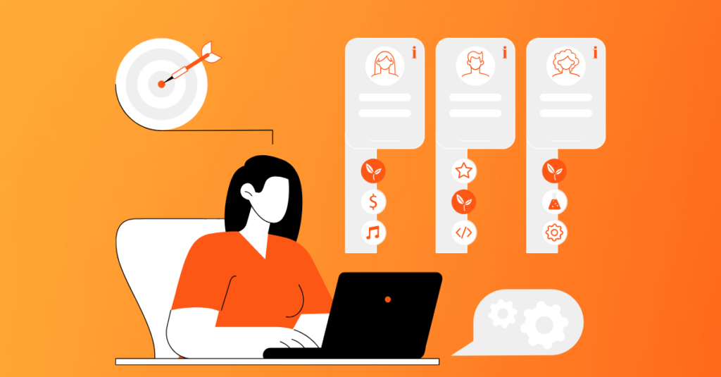 orange background with a cartoon sat on laptop with different user personas showing up for targeted onboarding flows