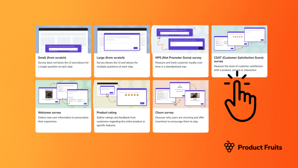 survey templates and types that Product Fruits offers on a orange background