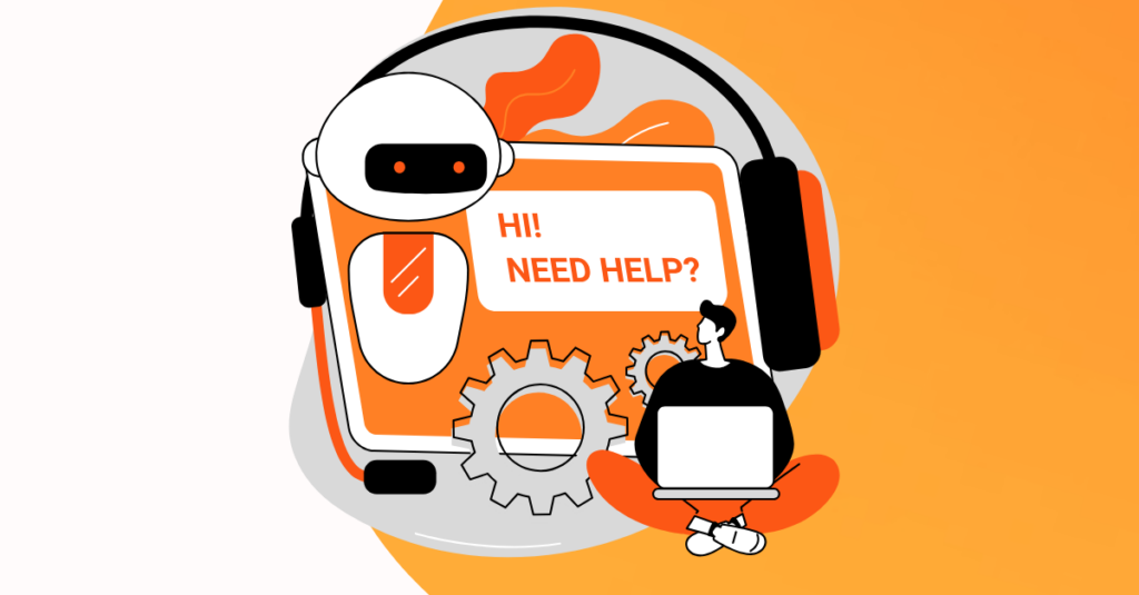 cartoon looking for support on computer with robot on orange background