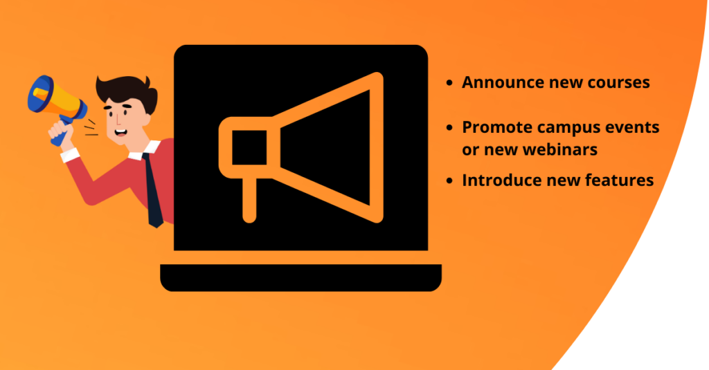 Cartoon with announcement over cartoon laptop and list of in-app announcement functionalities