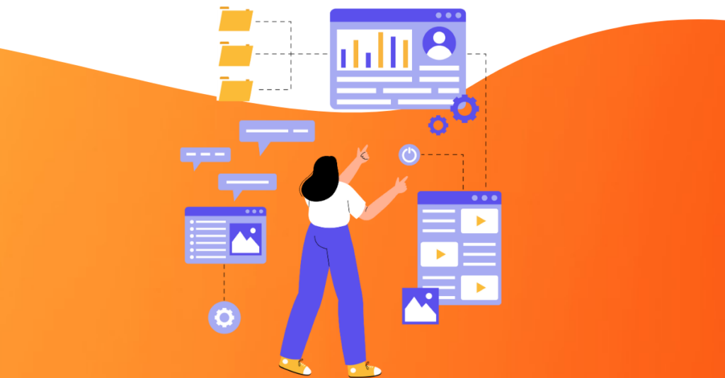 cartoon girl with marekting activity icons