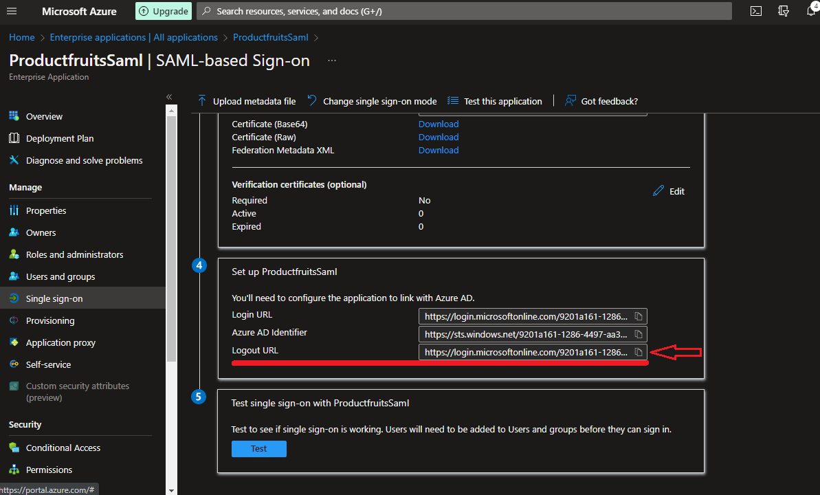 The Azure platform highlighting the Logout URL
