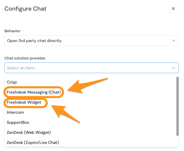The Configure Chat screen highlighting Freshdesk Messaging and Freshdesk widget