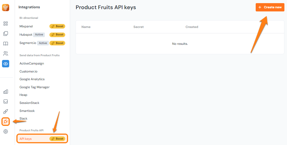 The integrations menu of the Product Fruits administration highlighting the API keys section and create new button