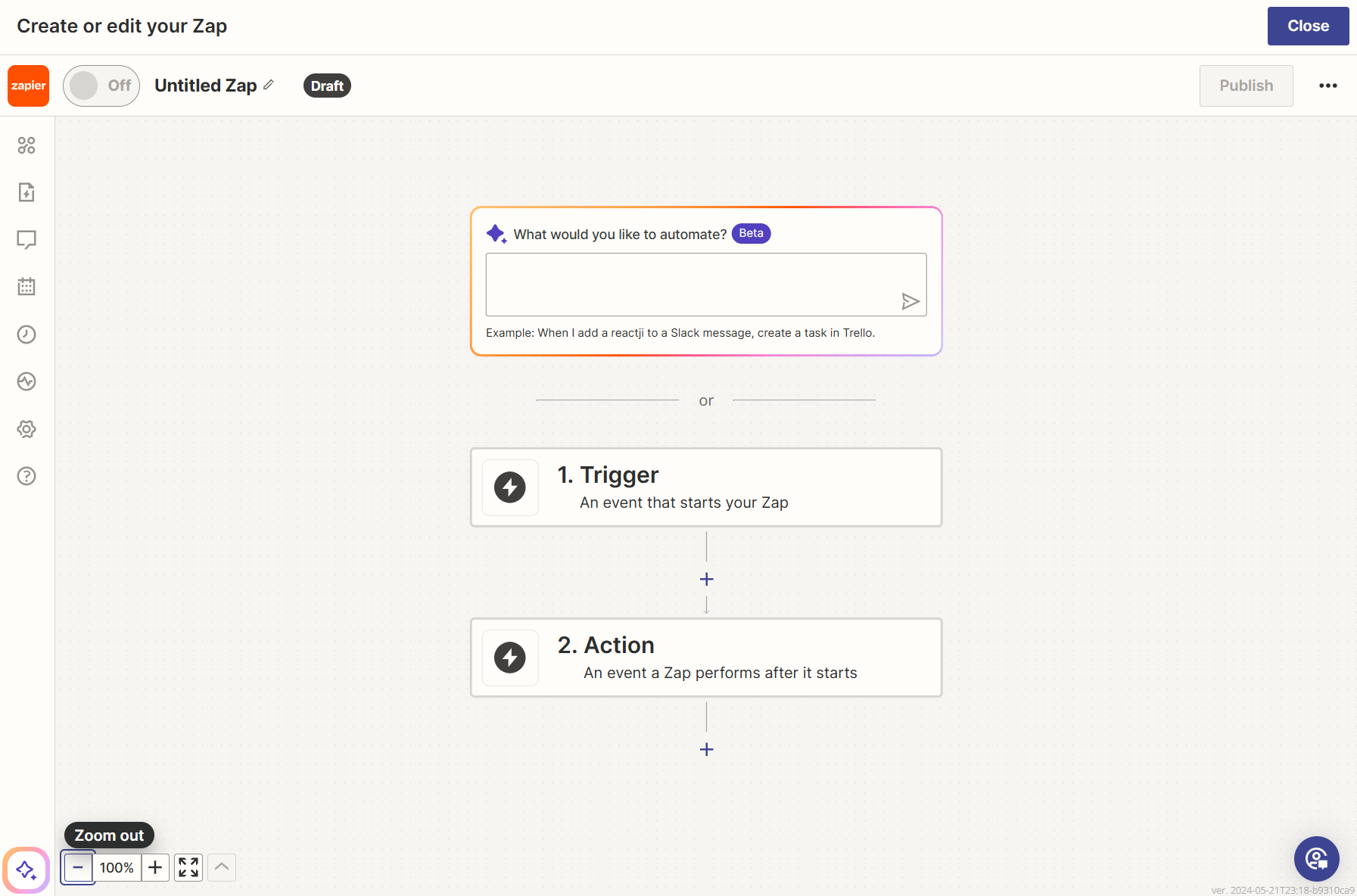 An example of the Create Zap screen within the Zapier platform