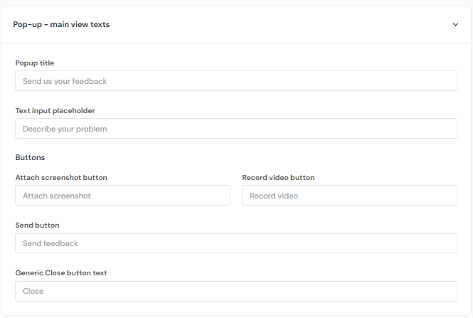 The pop up main view texts customization screen of the feedback widget