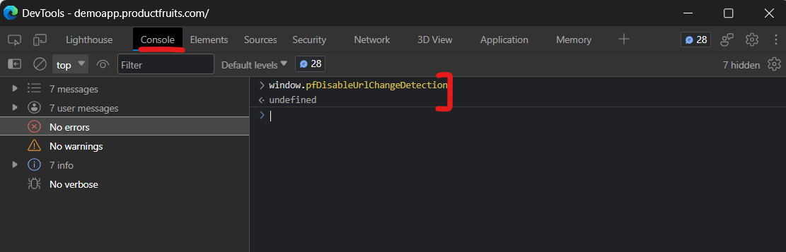 The DevTools screen showing the window pfDisableUrlChangeDetection command