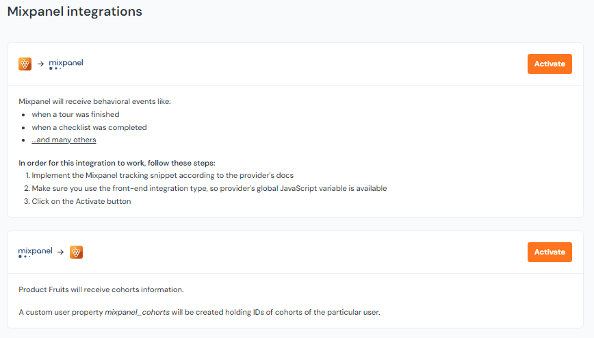The Mixpanel integrations page of the Product Fruits administration