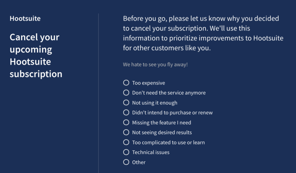 Screenshot of a product platform that is a survey asking users why they abandon app