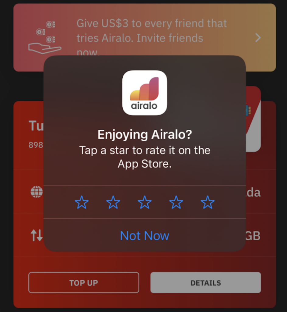 Screenshot of Airalo web app askign suer to rate the app out of five stars