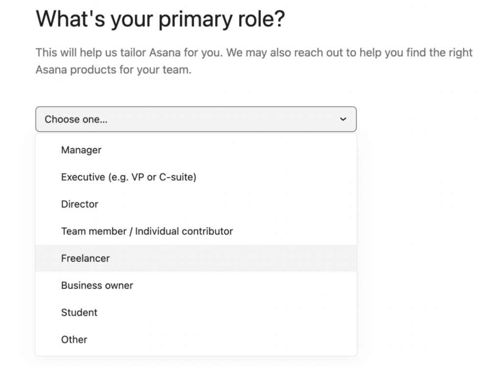 Screenshot of Asana survey to it's users