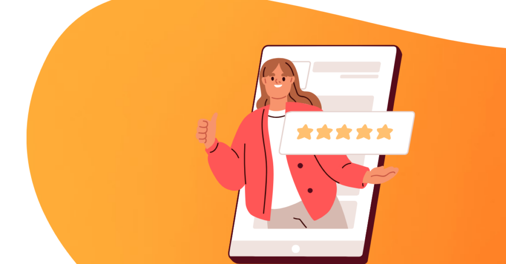 cartoon coming out of screen with a thumbs up and happy and on orange background