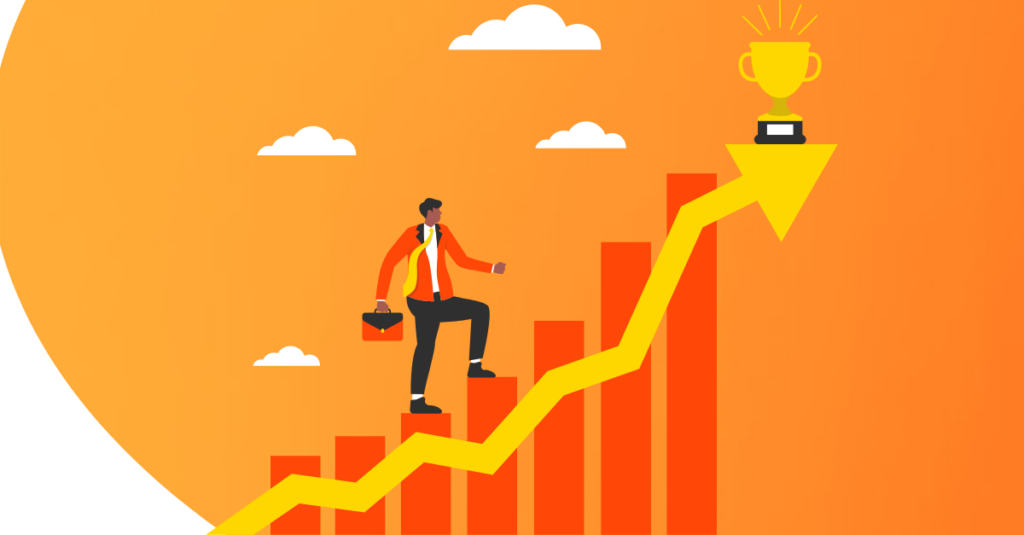 cartoon walking up stair case of charts and improving with orange background