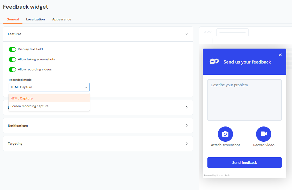 the feedback widget page of the Product Fruits administration showing the possible feedback widget features