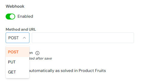 The webhook menu showing the method options of POST PUT and GET as well as the URL destination of the webhook