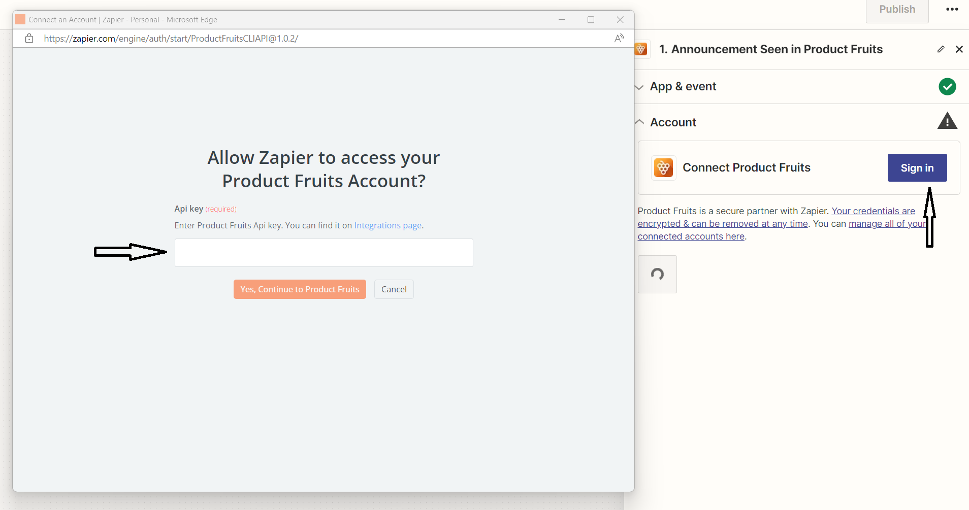 An example of the API key screen in the Zapier platform
