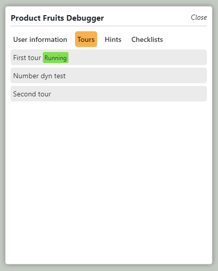 The Product Fruits window showing the Tours tab with the First Tour running