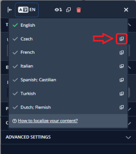 The Product Fruits Chrome Extension Selected Language Dropdown menu highlighting the option to copy content into another language