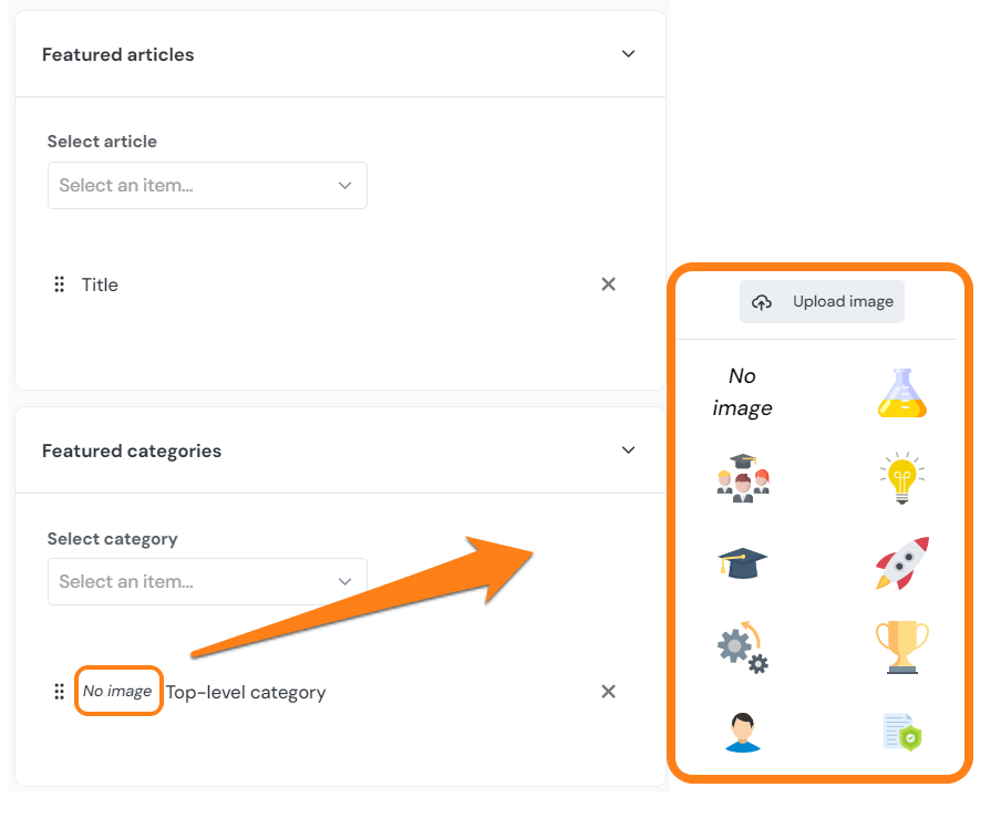 The featured categories section of the customer portal showing how to choose or upload an image to featured categories