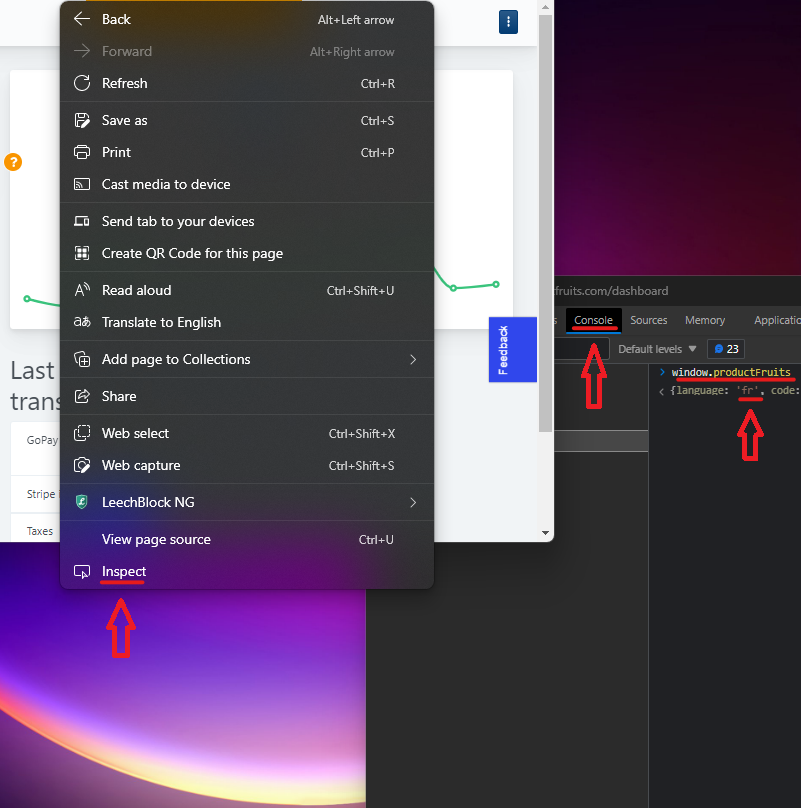 An example of right click inspect to check the console for the language being sent to Product Fruits