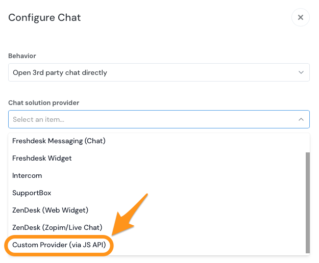 The Configure Chat screen highlighting the Custom Provider via JS API option