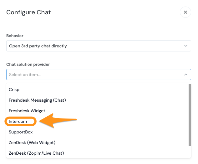 The Configure Chat screen highlighting the Intercom widget