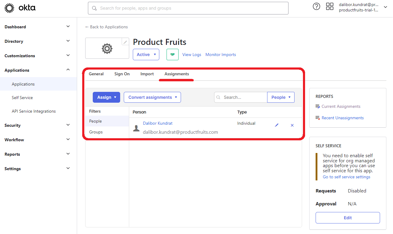 The OKTA platform Applications screen highlighting the Assignments section