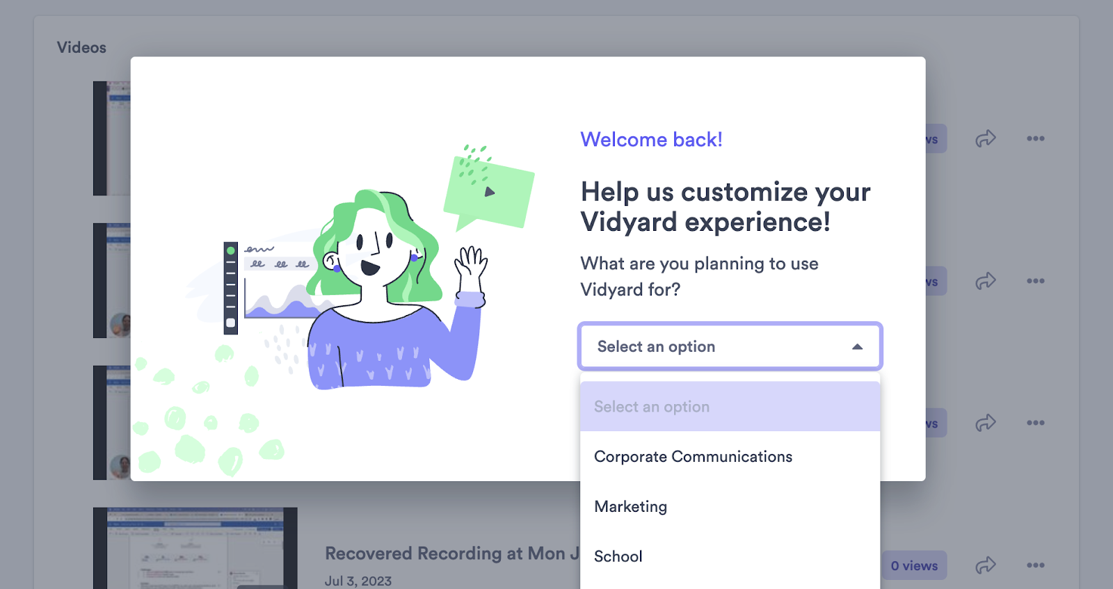 Screenshot of Vidyard homepage and a survey to improve user experience