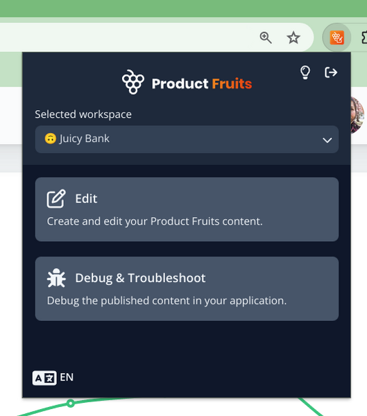 the Product Fruits editor being launched from the extension tool bar